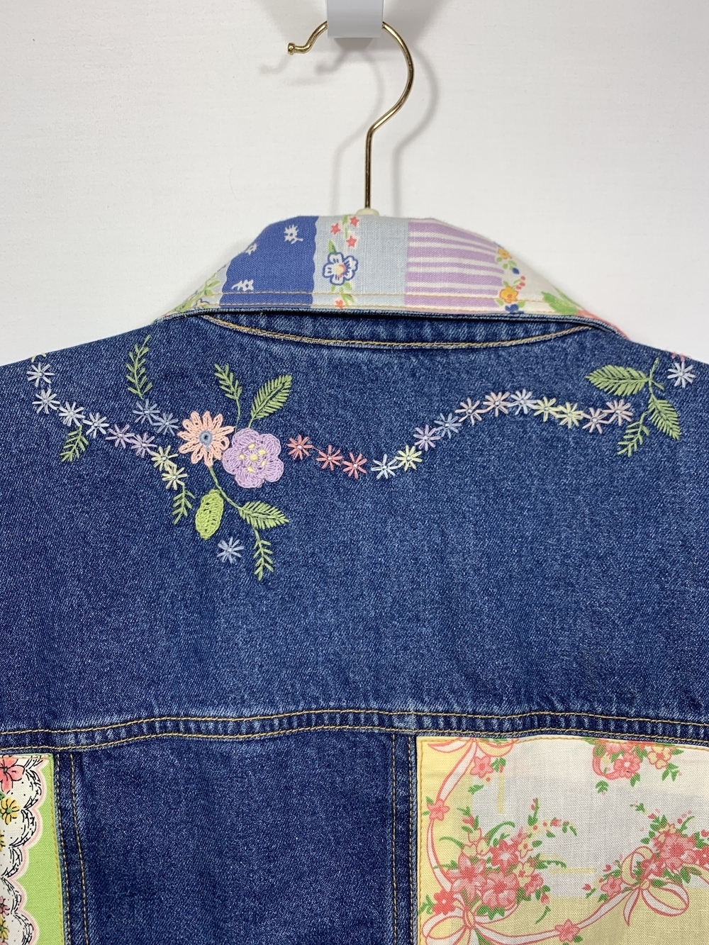 Susan Bristol Blue Denim Jacket with Pastel Floral Bow Patchwork Trim - Picture 12 of 13